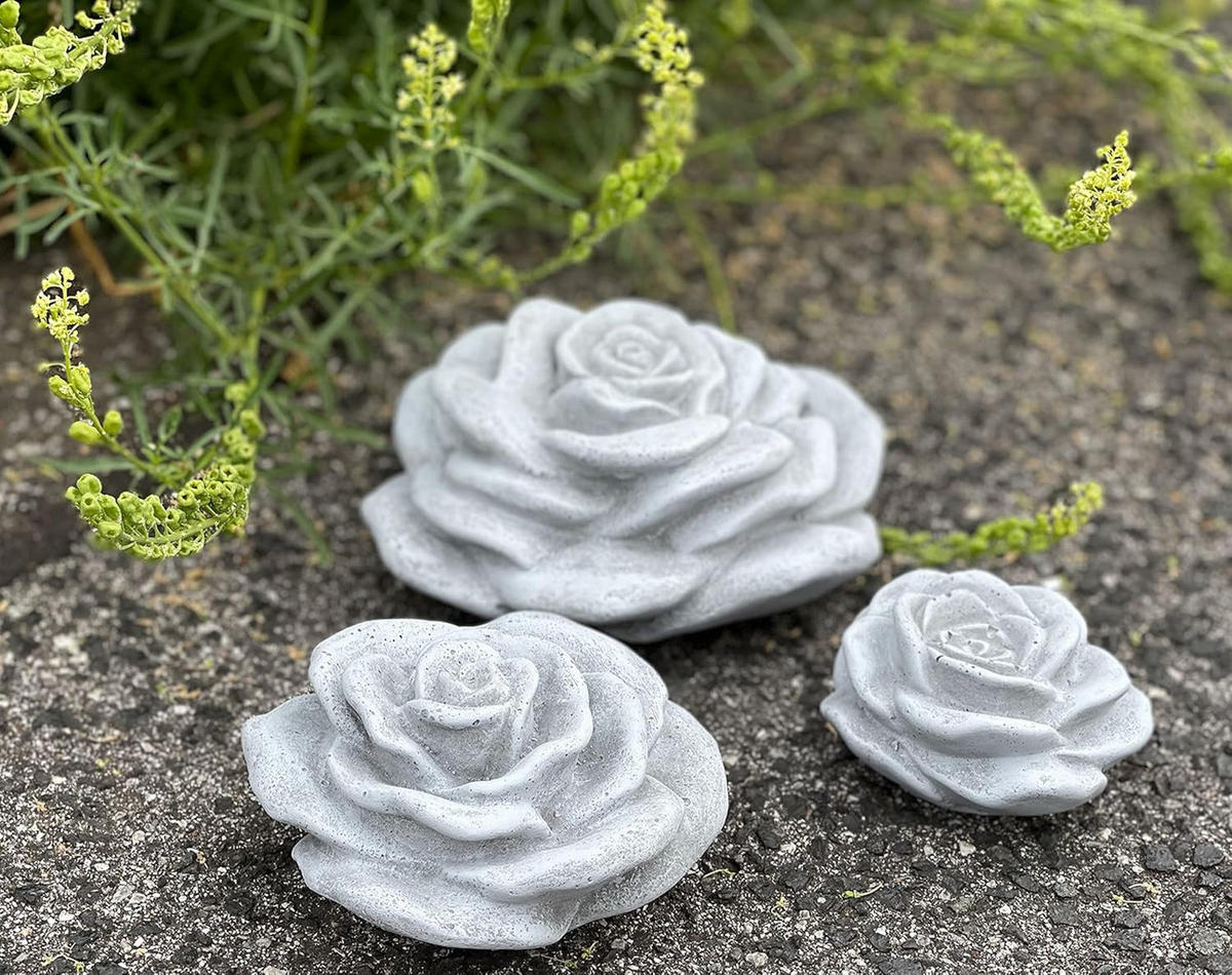 STEINFIGUR 3er Set Stein Blüten Set Rosenblüte frostfest wetterfest Steinguss - Grau, Stein (16/12/12cm) - stoneandstyle
