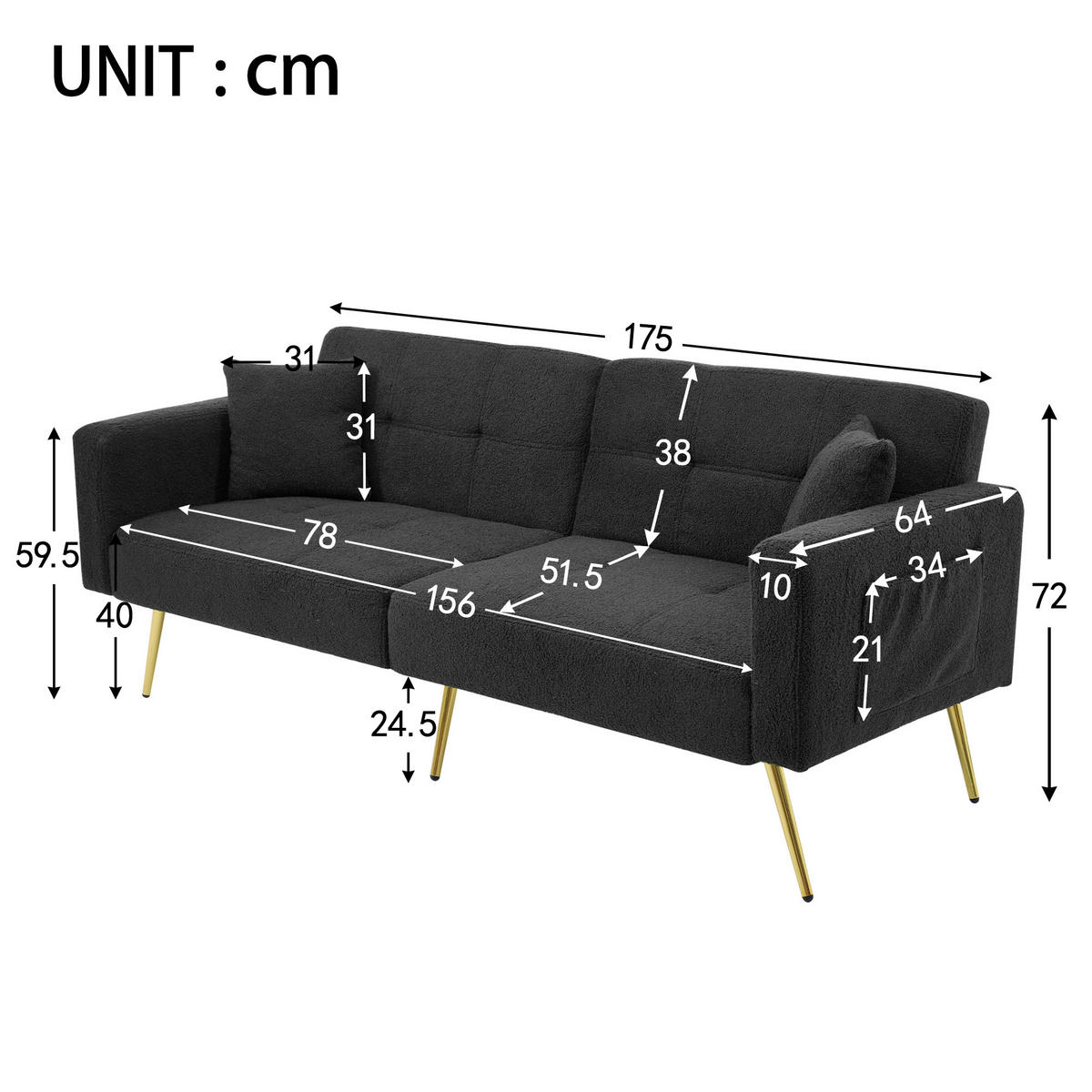 SCHLAFSOFAS mit verstellbarer Rückenlehne und Goldenen Beinen - Grau, Holzwerkstoff/Textil (175/72/64cm) - Urban Meuble