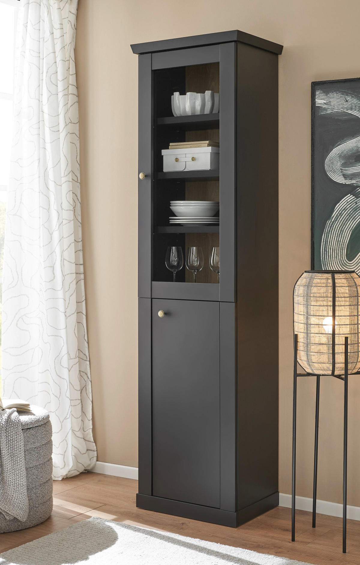 VITRINE schwarz matt, Eiche 55 cm, Vitrinenschrak Landhaus mit Soft-Close - Eichefarben/Messingfarben, Glas/Holzwerkstoff (55/200/39cm) - Furn.Design