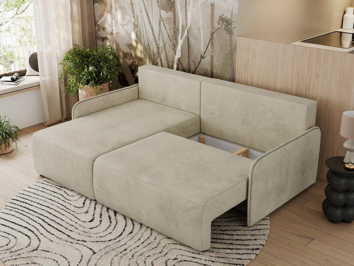 ECKSCHLAFSOFA ARPA L Beige Velvet - links - Beige/Schwarz, Kunststoff/Textil (198/150cm) - MKS