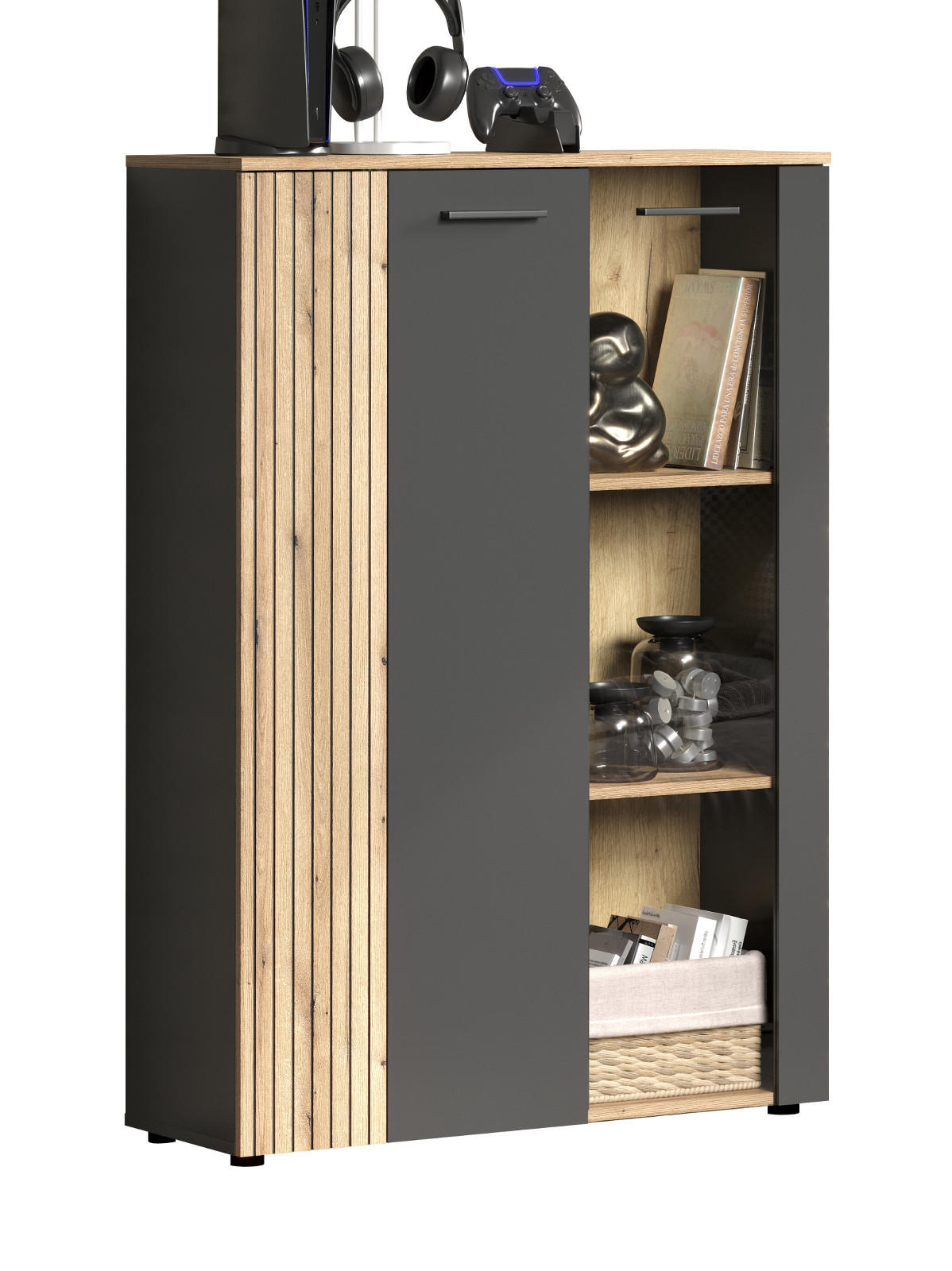 HIGHBOARD grau, Evoke Eiche 90 x 132 cm, Kommode in modernem Design - Eichefarben/Schwarz, Glas/Holzwerkstoff (90/132/34cm) - Top.Furn