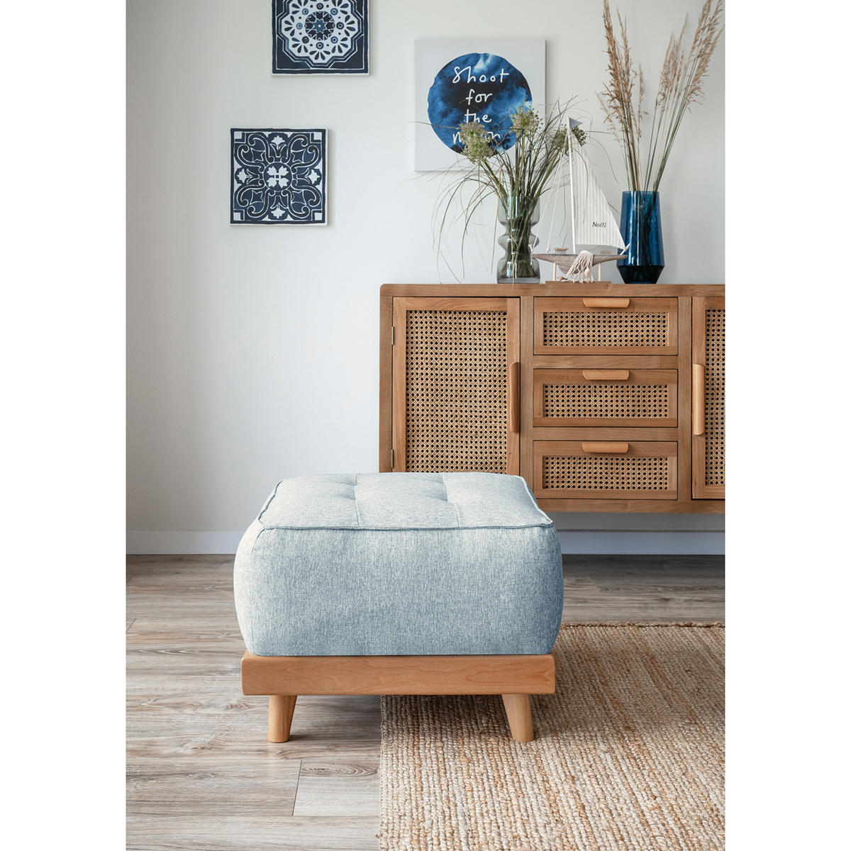 POLSTERHOCKER - Webstoff - Blau/Buchefarben, Buchenholz/Textil (60/42/60cm) - home24