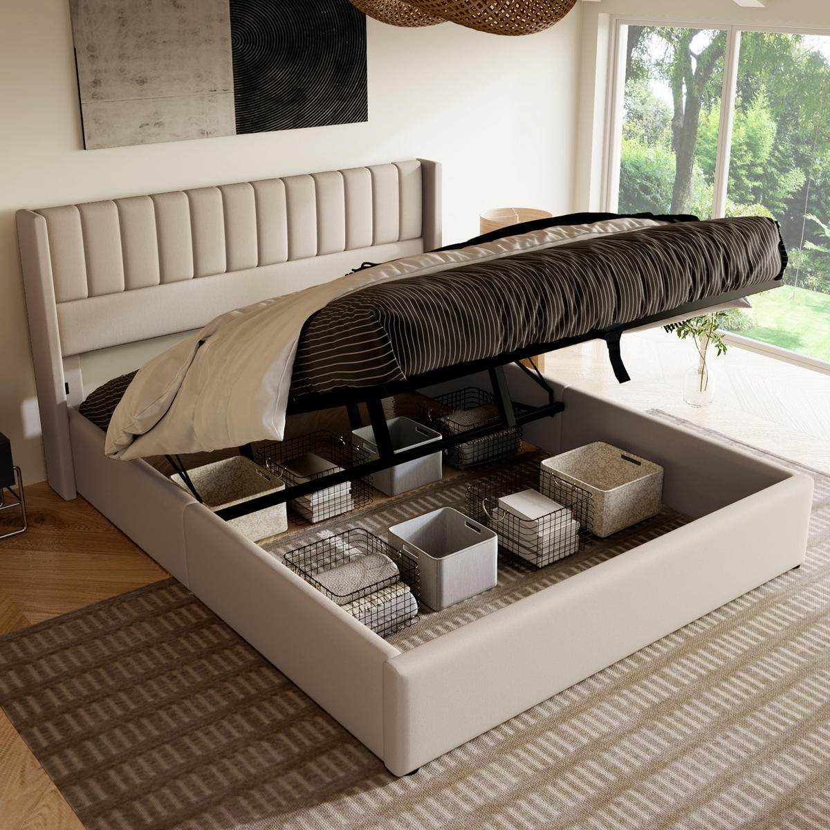 POLSTERBETT 140/200 cm Beige mit hydraulischem Bettkasten und stabilem Lattenrost - Beige, Textil (140/200cm) - OKWISH