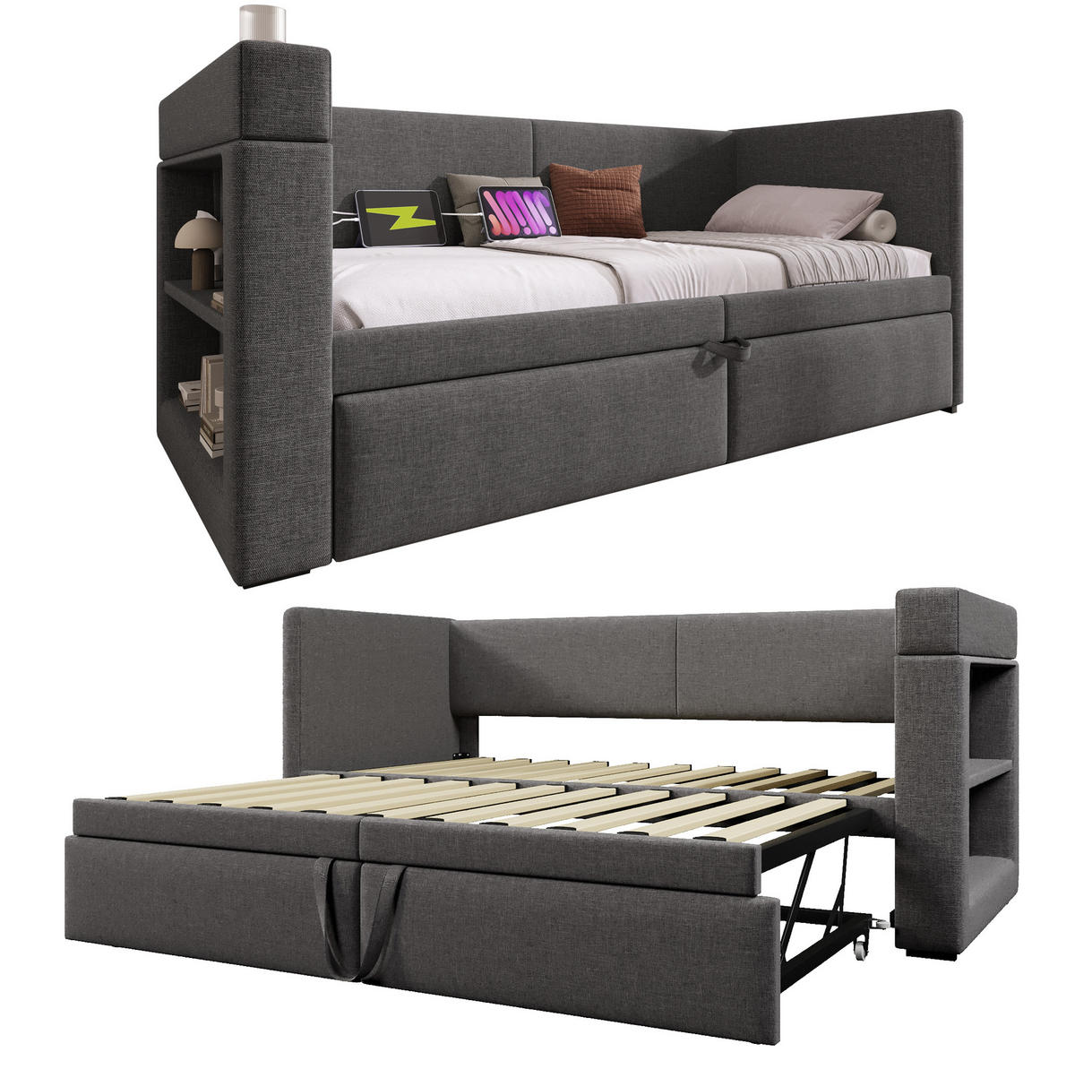 BETT 90/200 cm mit Ausziehbett und USB/Type-C in Grau - Grau, Textil (90/200cm) - BEAOK