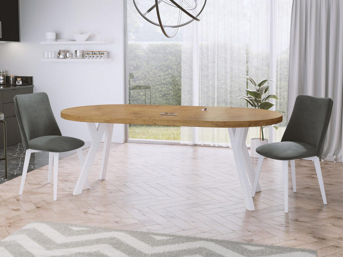 ESSTISCH Twixy runder ausziehbarer, Lancelot Eiche 100-200/100/76 cm - Eichefarben/Weiß, Holz/Holzwerkstoff (100/100/76cm) - WFL GROUP