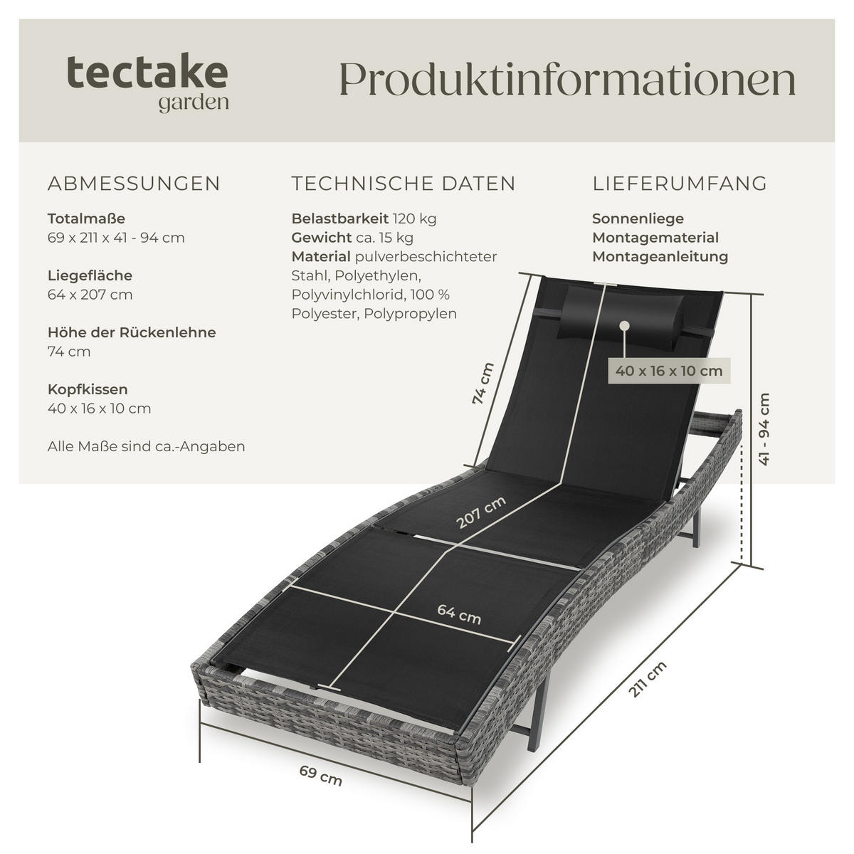RATTAN-SONNENLIEGE Moana,69 x 211 x 41 - 94 cm,grau-meliert - Grau, Kunststoff (69/94/211cm) - tectake