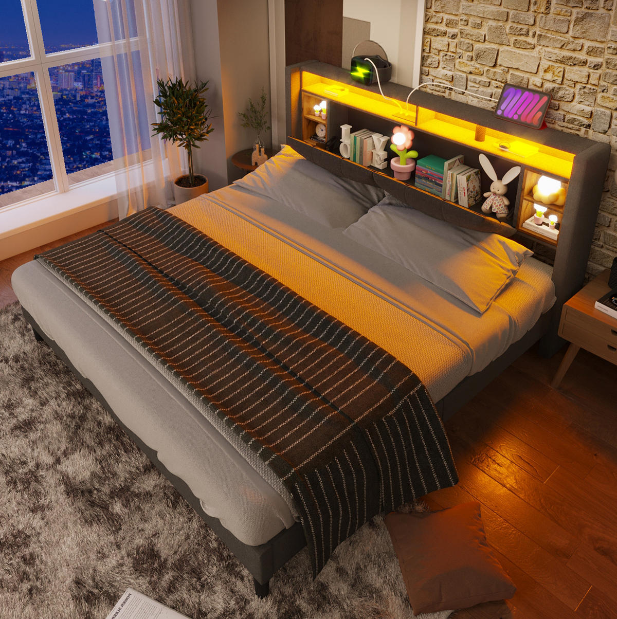 POLSTERBETT 140/200 cm Grau mit Stauraum-Kopfteil, USB-Anschluss und LED - Grau, Holz (140/200cm) - Flora Grace