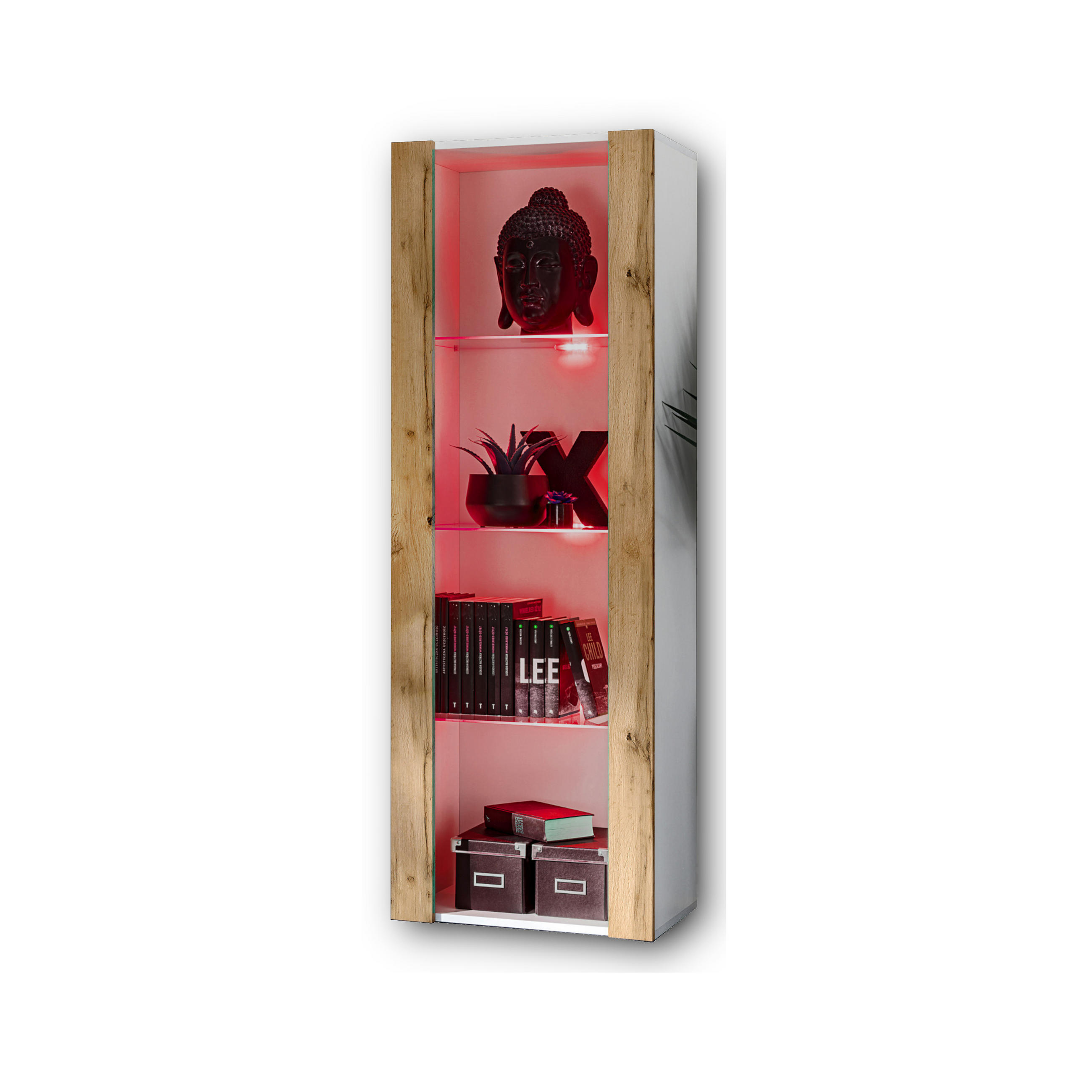 VITRINE TIVOLI, Weiß + Eiche Wotan, LED Mehrfarbige - Eiche Wotan/Weiß, Glas/Holzwerkstoff (55/159/35cm) - Komodee