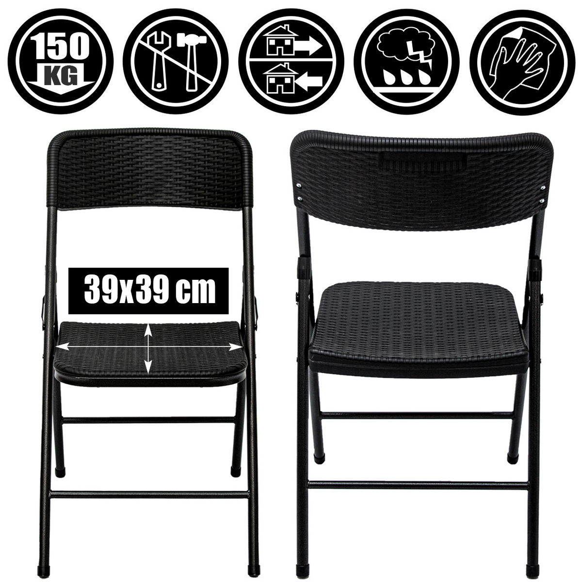 KLAPPSTÜHLE 4er Set in Rattan-Optik bis 150kg 50x46x83,5 cm - Schwarz, Kunststoff (50/83.5/46cm) - Amanka