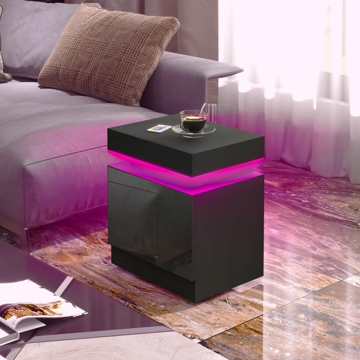 NACHTSCHRANK DE-12861 LED-RGB-Beleuchtung, Hochglanz Schwarz - Schwarz, Holzwerkstoff (35/52/45cm) - ComfortXL
