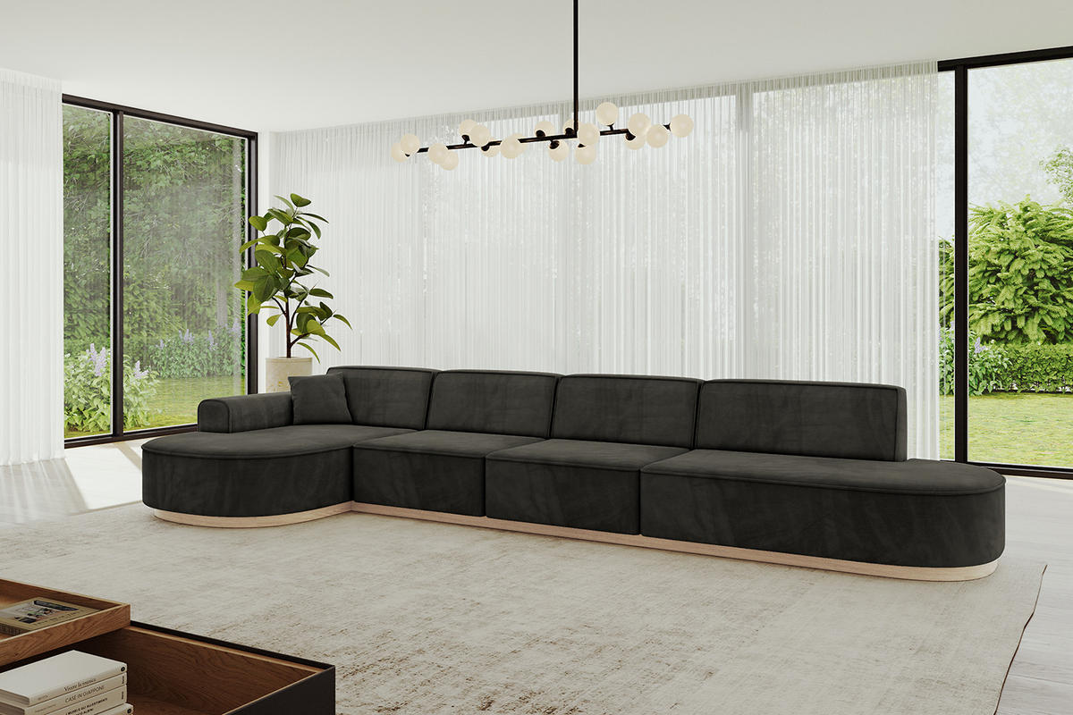 ECKSOFA Ottomane Links MARI-L3-v1 - 413x171x83 cm Schwarz Velours - Schwarz, Holzwerkstoff/Textil (413/171cm) - ALTDECOR