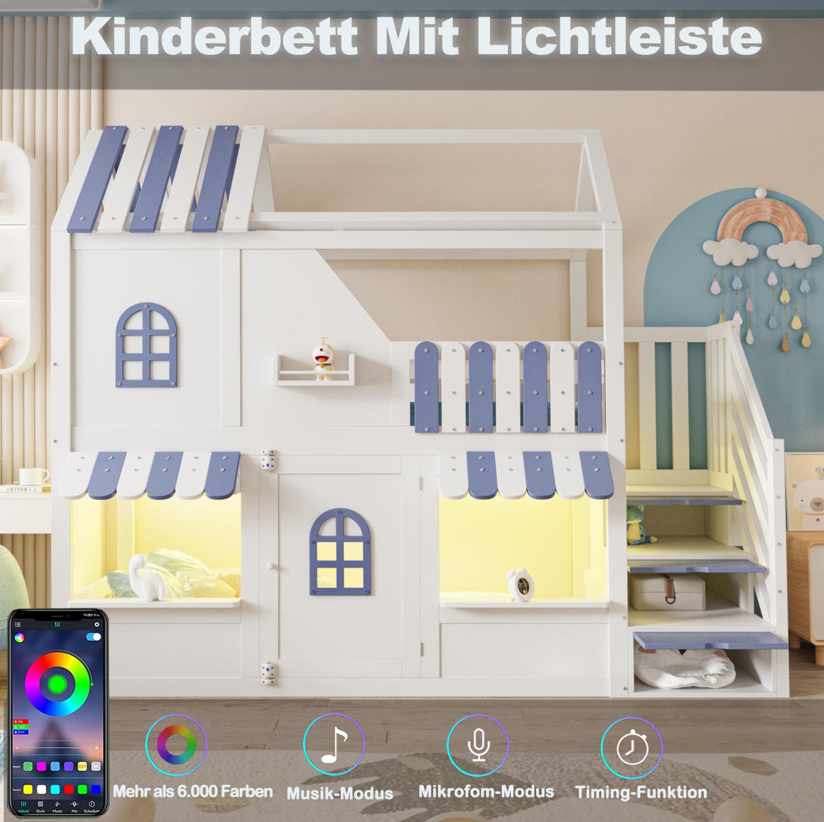 ETAGENBETT 90/200 cm weiß/blau aus Holz mit LED und Stauraum - Weiß, Holzwerkstoff (90/200cm) - OKWISH