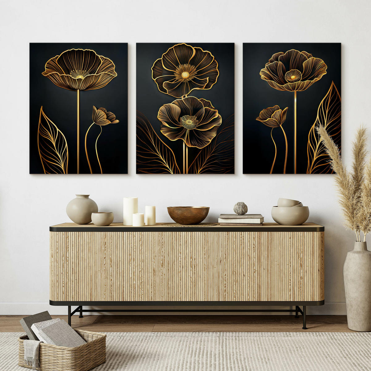 LEINWANDBILDER 3-es Set Abstrakte Blumen - Beige/Schwarz, Textil (90/40cm) - Muralo