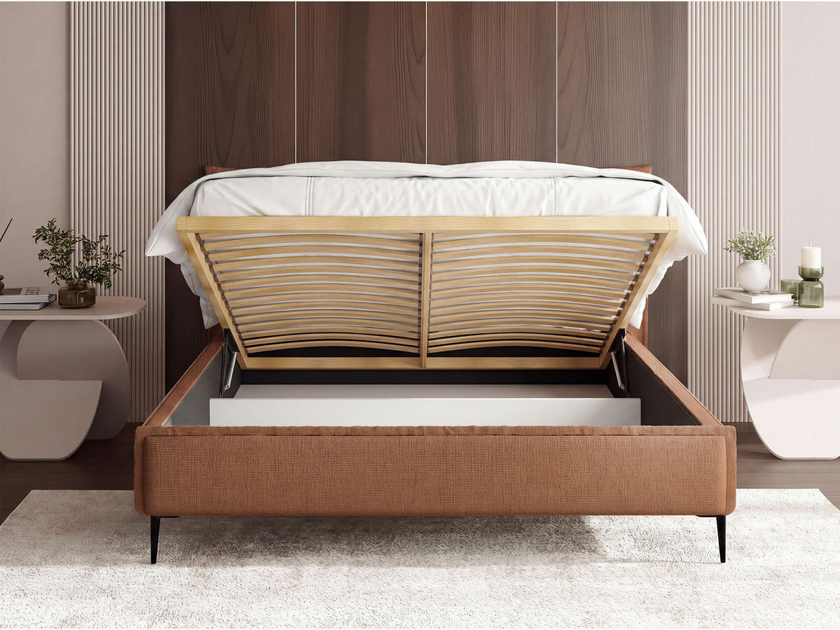POLSTERBETT Pillow Rise mit Bettkasten, Lattenrost & hohen Metallfüßen in Orange Chenille 160x200 cm - Birkefarben/Schwarz, Holz/Holzwerkstoff (160/200cm) - WFL GROUP