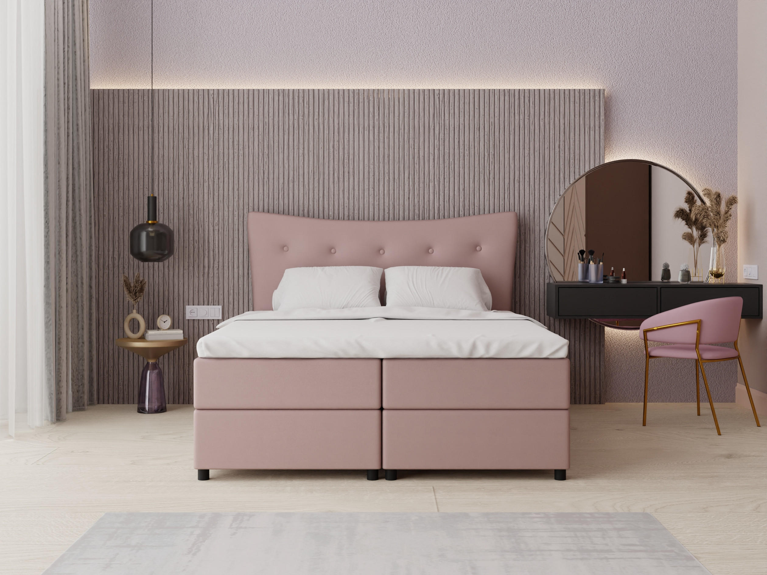 BOXBETT Nevada 160 x 200 cm Doppelbett mit hochwertiger Bonell-Matratze und Topper - rosa - Rosa, Holz (160/200cm) - Panda Möbel