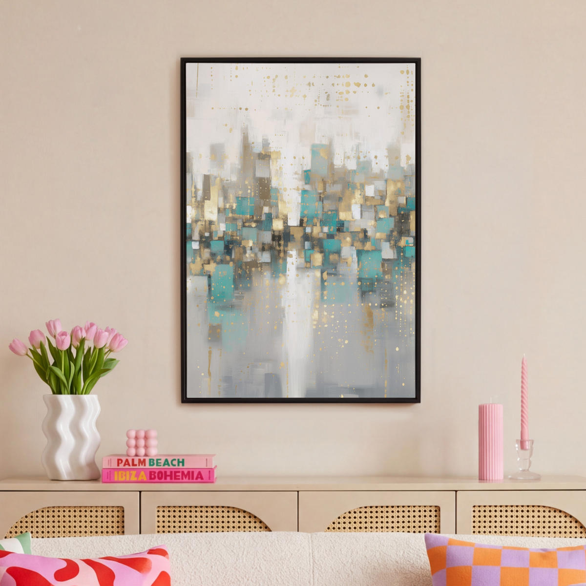 LEINWAND Bilder mit Rahmen - Abstrakt - Blöcke - Gold - Skyline - 60x90 - Beige, Textil (60/90cm) - MuchoWow