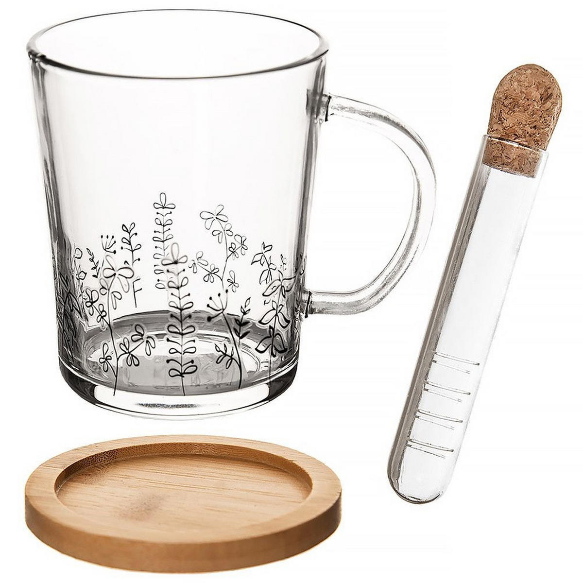 LOUKA GLASBECHER-SET MIT SIEB, Glas/Bambus, klar, 3 Stk., 400 ml - Weiß, Glas (0.4L) - Orion 