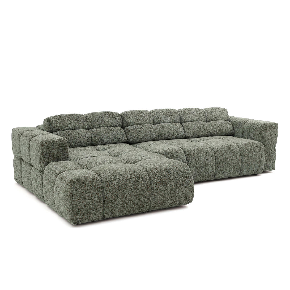 ECKSOFA TENDER Links mit Schlaffunktion und Verstellbare Kopfstützen, Chenille hellgrün - Schwarz/Hellgrün, Holz/Kunststoff (315/176cm) - Muffo