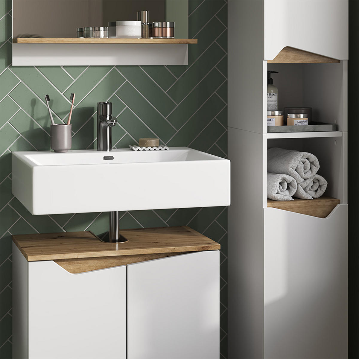 BADMÖBEL-KOMBINATION Marelle Weiß 3 Teile, mit Hochschrank - Weiß/Eiche Artisan, Holzwerkstoff (60/57/35cm) - Vicco