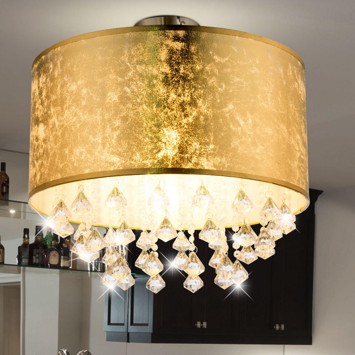 DECKENLEUCHTE Metall Textil Blattgold Kristalle - Goldfarben, Metall (30/30/31cm) - Globo Lighting