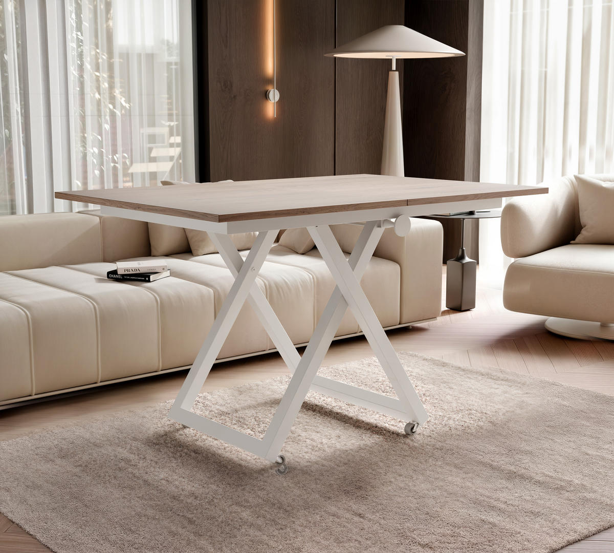 COUCHTISCH ARIA 120-160/80 cm, Höhenverstellbar, Weiß / Cremona Cannolo (Cremefarben) - Creme/Weiß, Holzwerkstoff/Metall (120/80/38cm) - Idohome