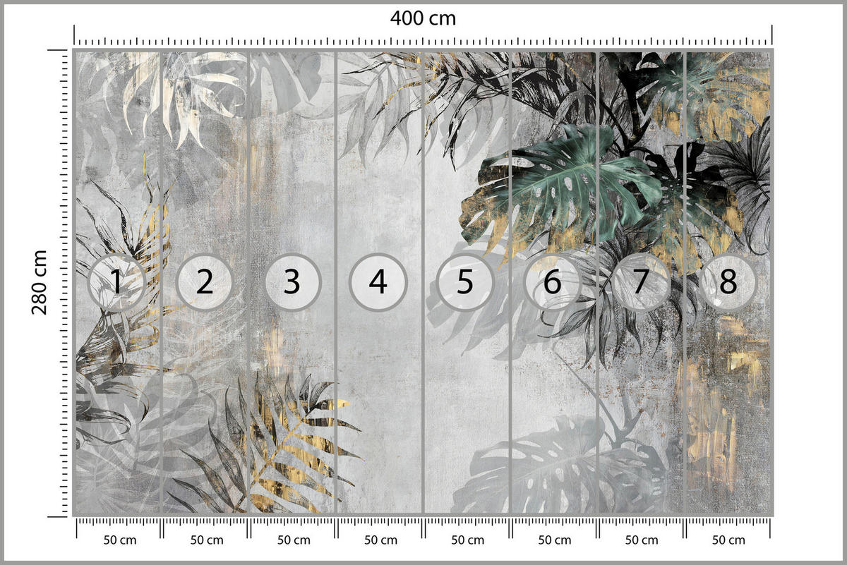 FOTOTAPETE Tropische Blätter auf Beton Vintage 400x280 - Gelb/Beige, Papier (400/280cm) - Muralo