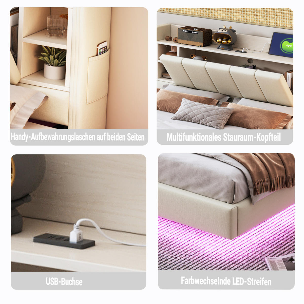 POLSTERBETT 140/200 cm Beige aus Leinenstoff mit LED-Lichtleiste und USB-Anschluss - Beige, Textil (140/200cm) - OKMYHOME