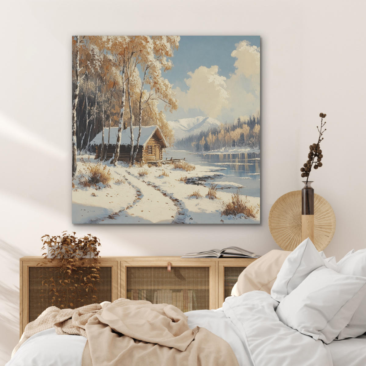 AKUSTIKPANEEL Winter - Schnee - Zuhause - Natur 90x90 cm - Hellbraun, Textil (90/0.9/90cm) - MuchoWow
