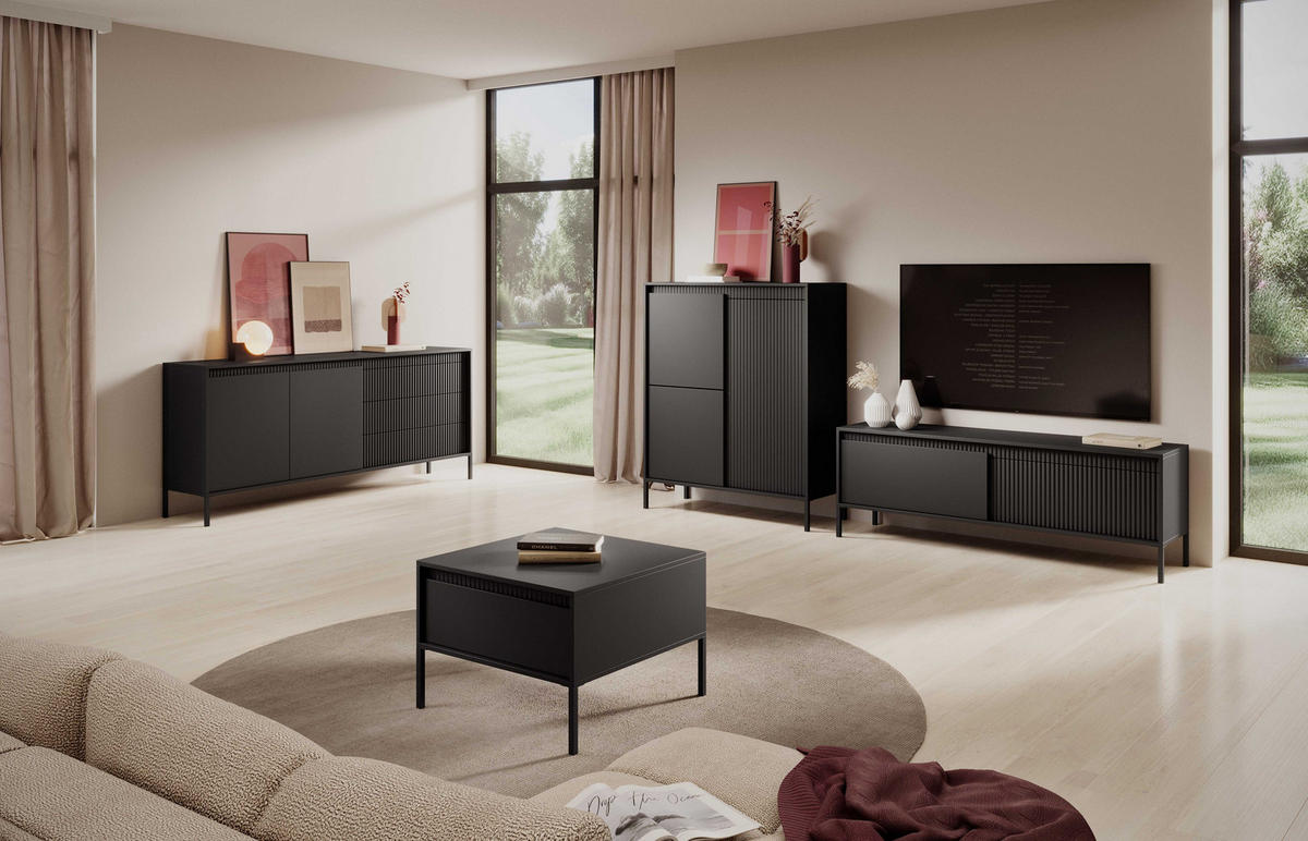 TV LOWBOARD SENSO Geriffelte MDF-Fronten, Push-to-Open, Metallbeine, 153x53,4x39,5 cm, Schwarz - Schwarz, Holz/Holzwerkstoff (154/54/40cm) - DomoHome