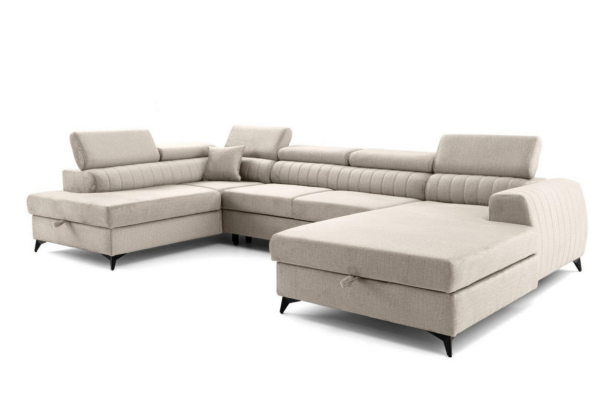 ECKSOFA U-Form PIERO U Links mit Schlaffunktion 125x260 Velours Creme - Creme/Schwarz, Holz/Textil (350/90/203cm) - Muffo