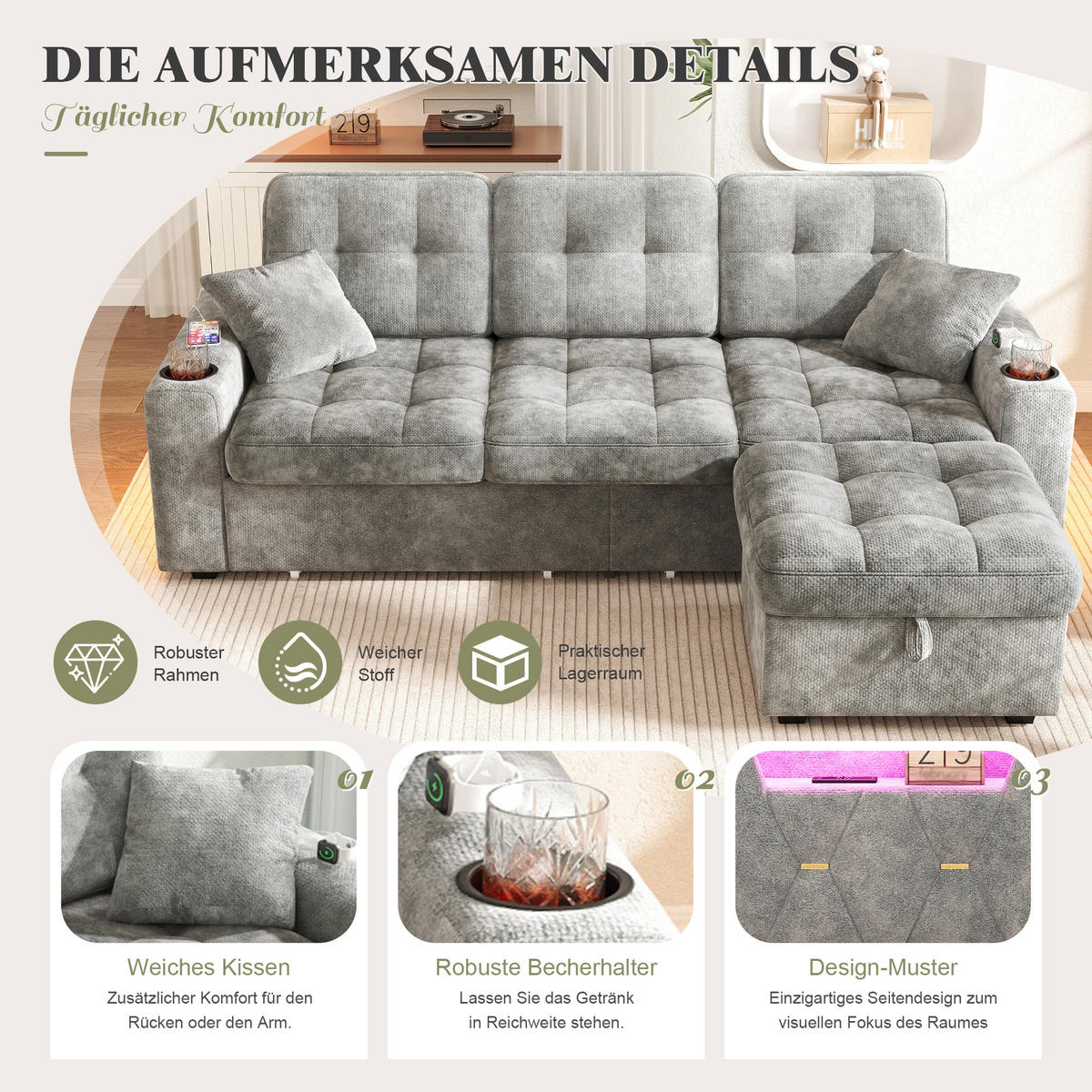BIGSOFA aus Chenille mit USB-C, LED, Getränkehaltern und Stauraum - Dunkelgrau, Textil (194.5/83/133cm) - EVRYAE