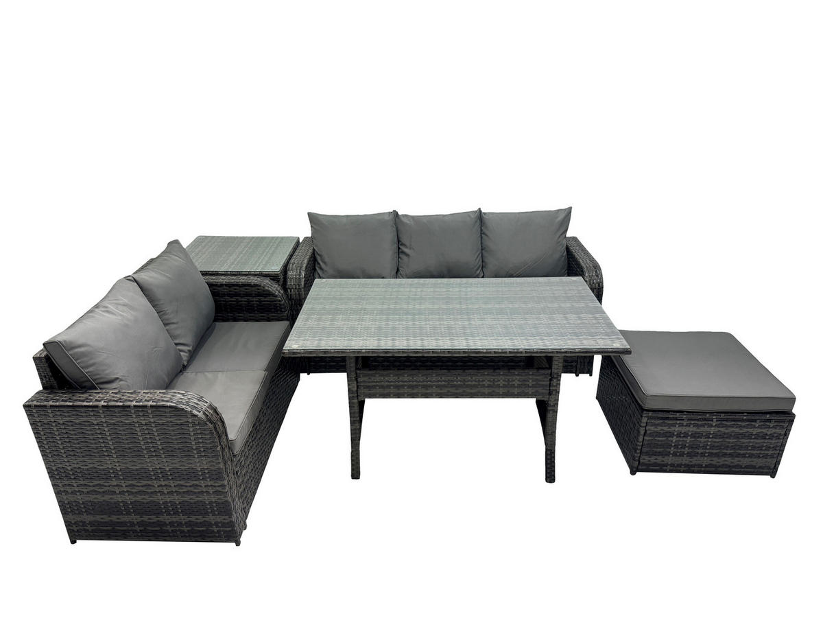 Gartenmöbelset mit Esstisch,Zweisitzer,Hocker,Beistelltisch Polyrattan Dunkelgrau 6-Sitzer - Dunkelgrau/Grau, Glas/Kunststoff - Fimous