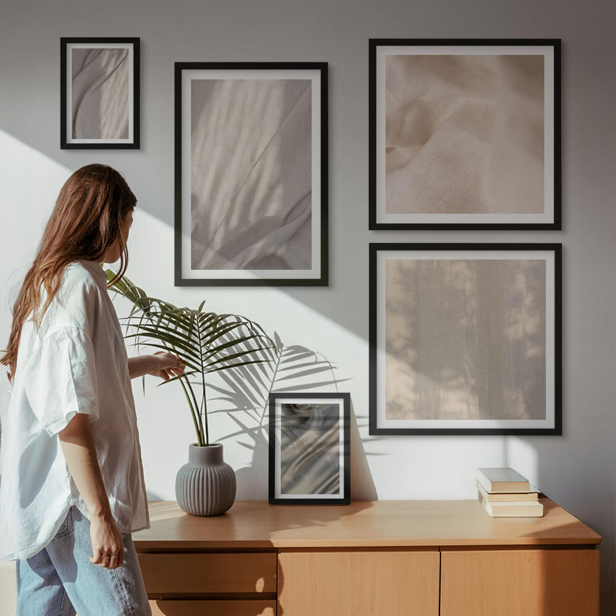 WANDBILDER 5er-Set - 50x50 cm & 20x30 cm & 40x60 cm Schwarzer Rahmen - Nahaufnahme von natürlichen Boho-Stoffen - Schwarz, Kunststoff (40/60cm) - ArtPrintCave