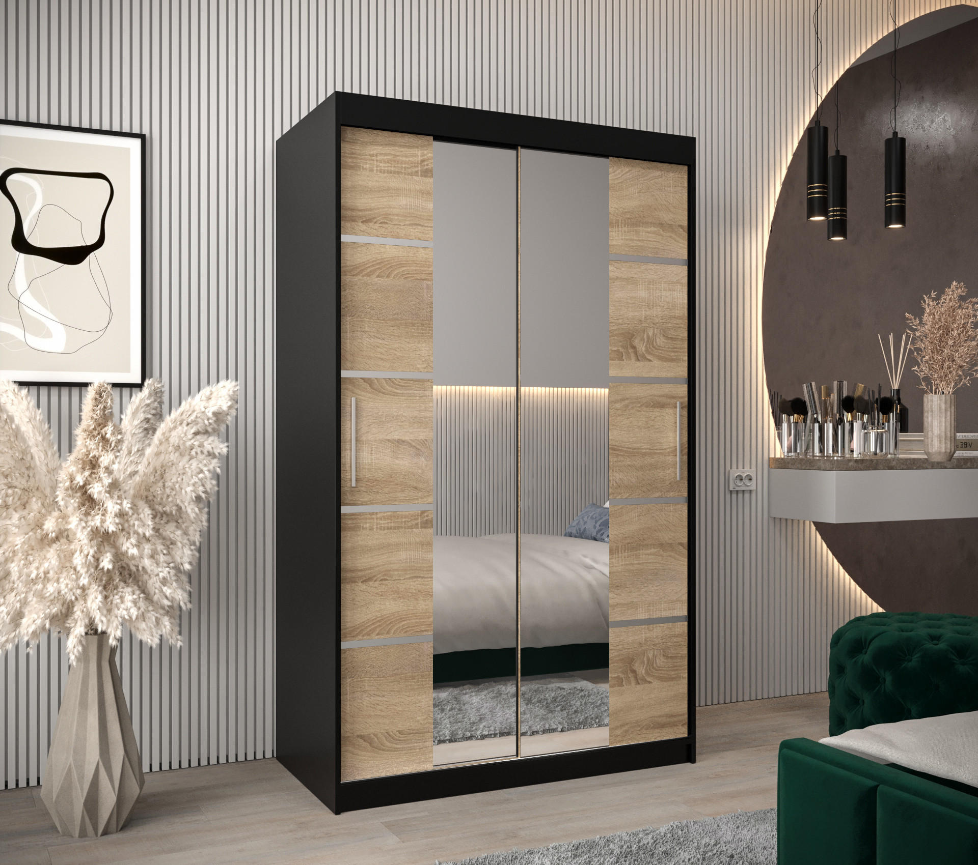 SCHWEBETÜRENSCHRANK 200/120/62 2-türig - Silberfarben/Schwarz, Holz/Kunststoff (120/200/62cm) - MÖBEL KRYSPOL