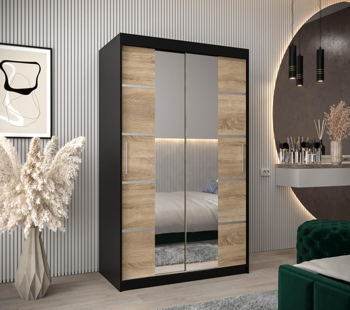 SCHWEBETÜRENSCHRANK 200/120/62 2-türig - Silberfarben/Schwarz, Holz/Kunststoff (120/200/62cm) - Abiks Möbel