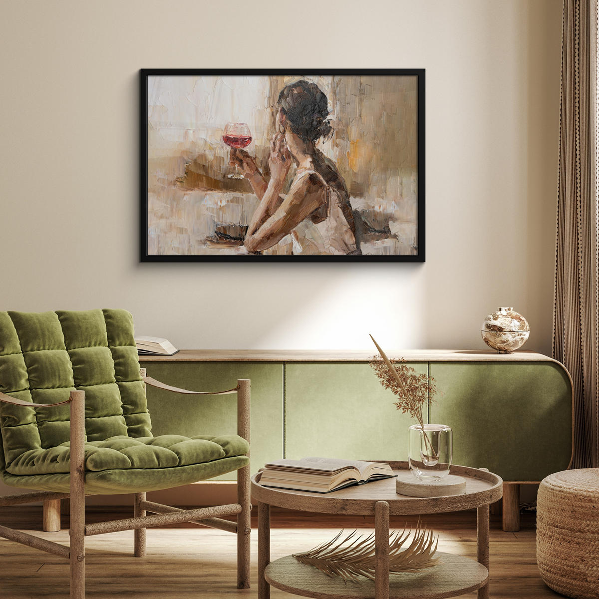 ZARÁMOVANÝ PLAGÁT Olejomaľba - Žena - Víno 90x60 cm - svetlohnedá, papier (90/60cm) - MuchoWow