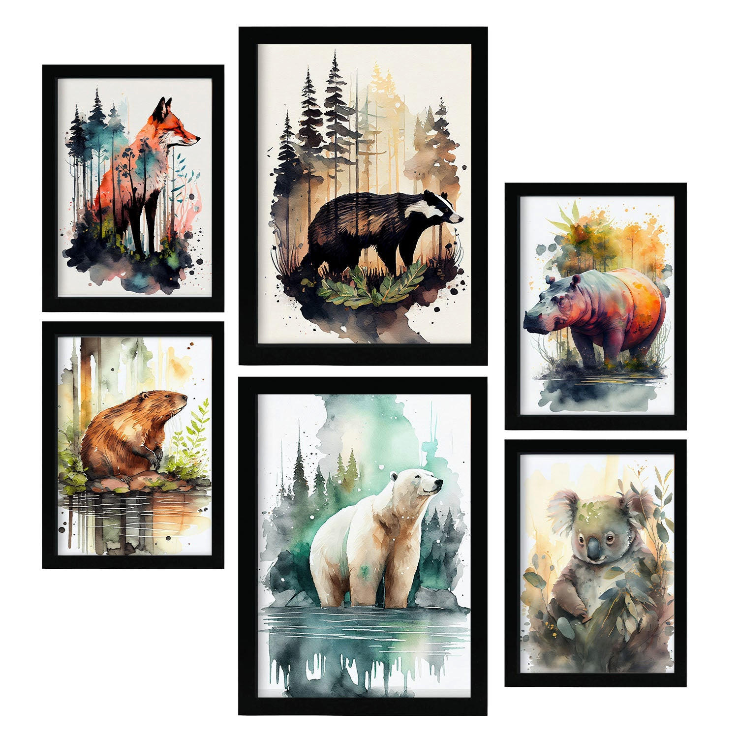 POSTER Set Mit 6 Unabhängige Kreaturen Illustrationen Von Tieren In Naturlandschaften, Realistischer Aquarellstil A3 & A4 Schwarzer Rahmen - Schwarz, Papier (29/3cm) - Nacnic