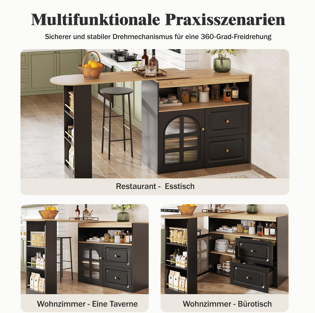 STEHTISCH 138-204x39x104cm Schwarz mit Snackregal & Drehfunktion - Schwarz, Holzwerkstoff (204/104/39cm) - Modfu