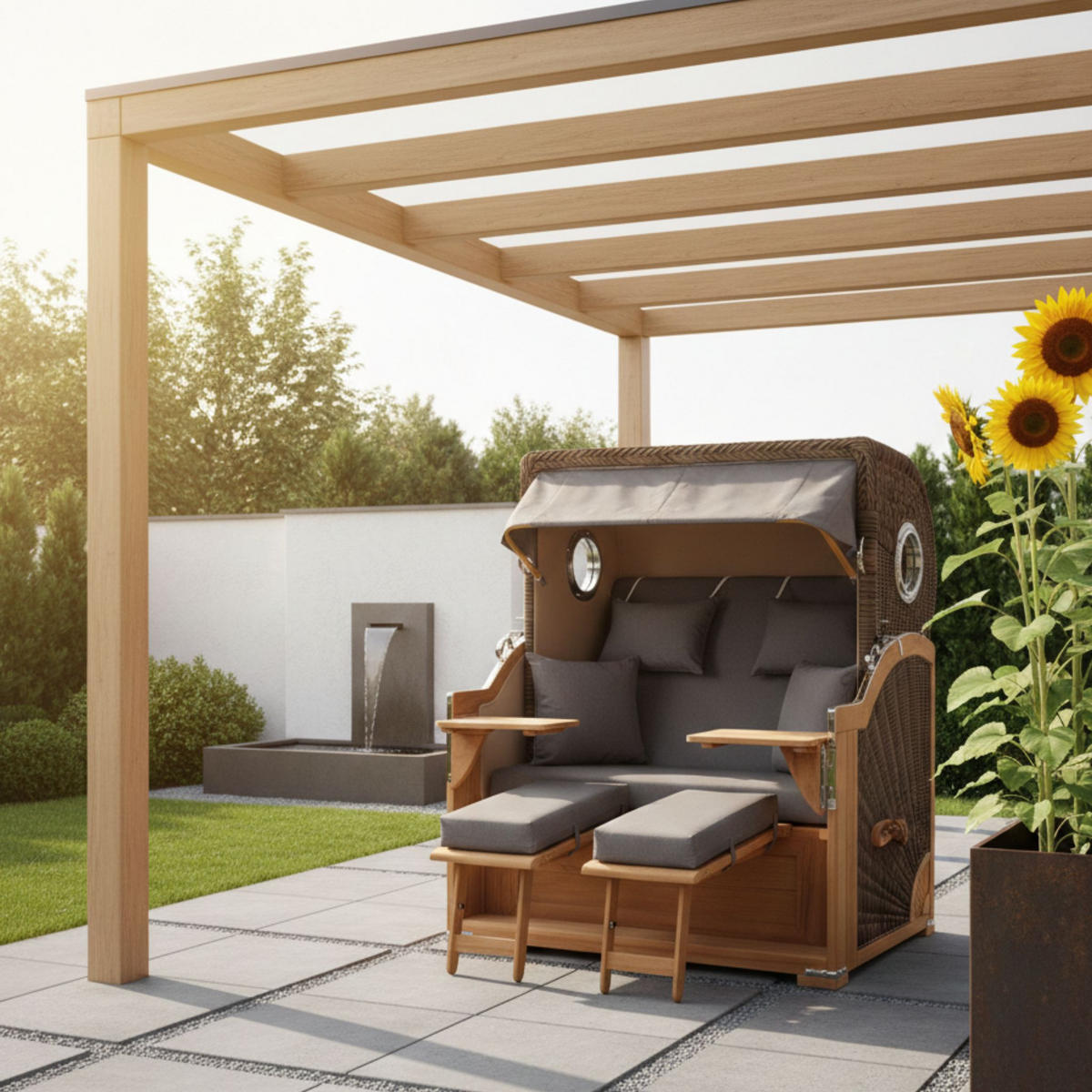 STRANDKORB Baltikum Teak 2,5 Sitzer - Braun/Grau, Holz/Metall (142/170/95cm) - Mr. Deko