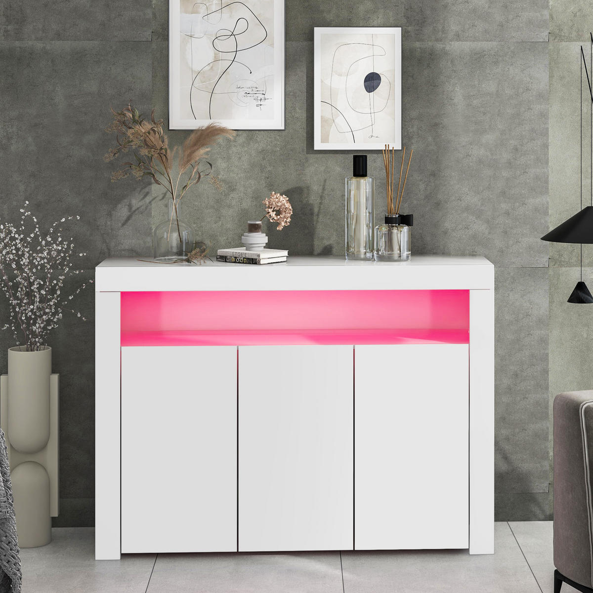 SIDEBOARD 130/35/95 cm aus Spanplatte mit LED-Beleuchtung und Hochglanzfront Weiß - Weiß, Holzwerkstoff (130/95/35cm) - Modenvie