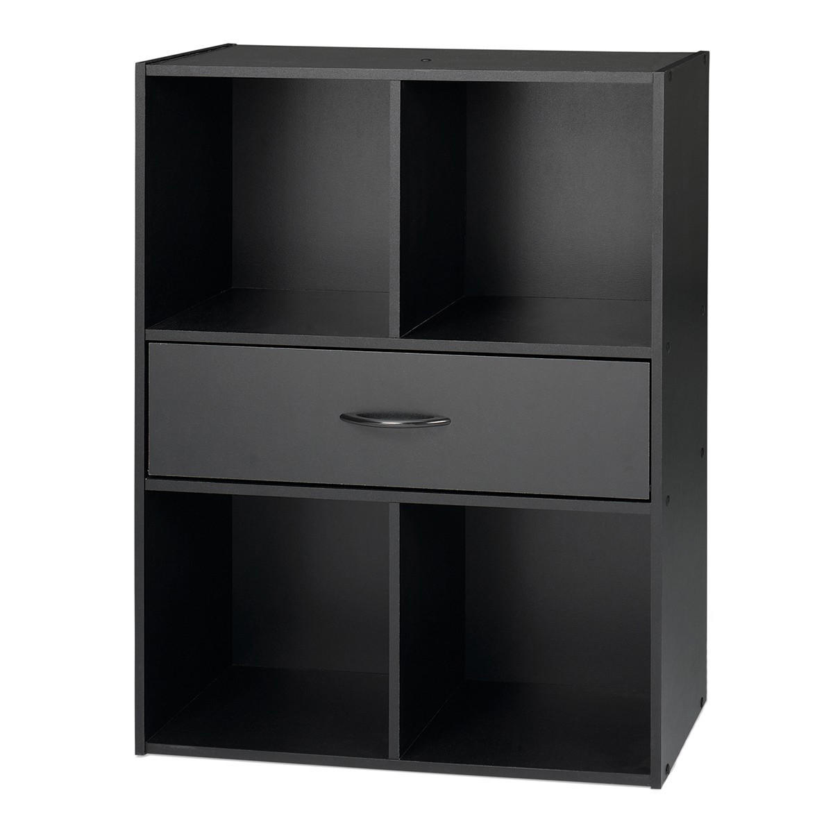 AUFBEWAHRUNGSREGAL 4 Fächer mit einer Schublade - Schwarz, Holzwerkstoff (29.5/80/62cm) - Calicosy