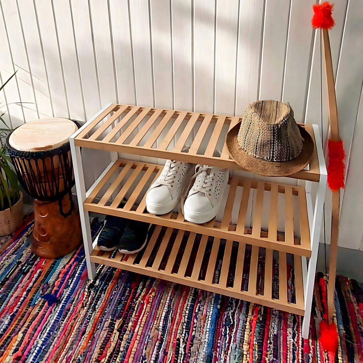 SCHUHREGAL Bambus Weiß Naturfarben 55x70x26 cm - Naturfarben/Weiß, Holz (70/55/26cm) - Begryf