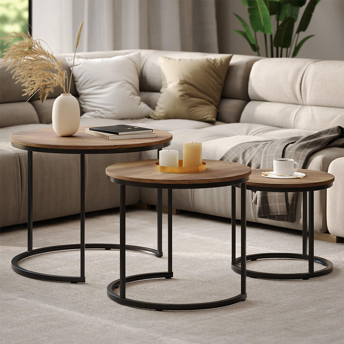 COUCHTISCH-SET Montreal Holz 55 x 55 cm 3 Teile - Schwarz/Naturfarben, Holzwerkstoff (55/55/44.5cm) - Vicco