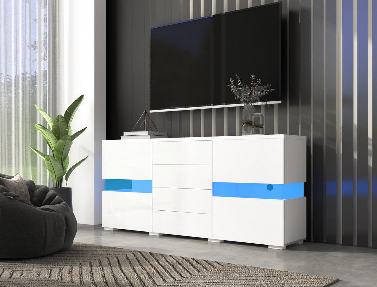 SIDEBOARD 140/35/72 cm, Hochglanz-Front, 2 Acryltüren und 4 Schubladen, 16-Farben RGB-LED, Weiß - Weiß, Holzwerkstoff (140/72/35cm) - Redom
