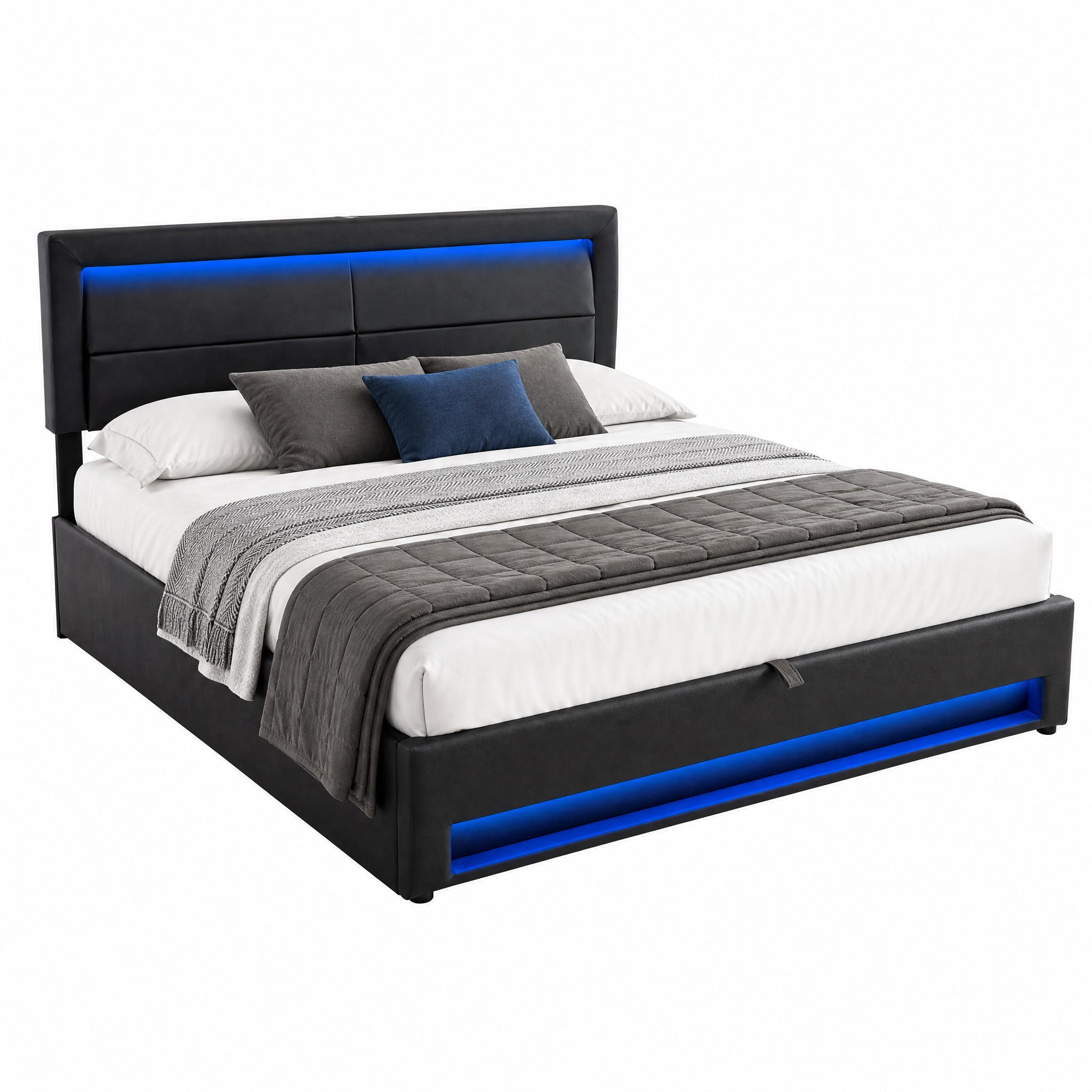 BETT mit Stauraum USB und LED 140x190 cm PU Black - Schwarz, Metall (140/190cm) - Meubliv