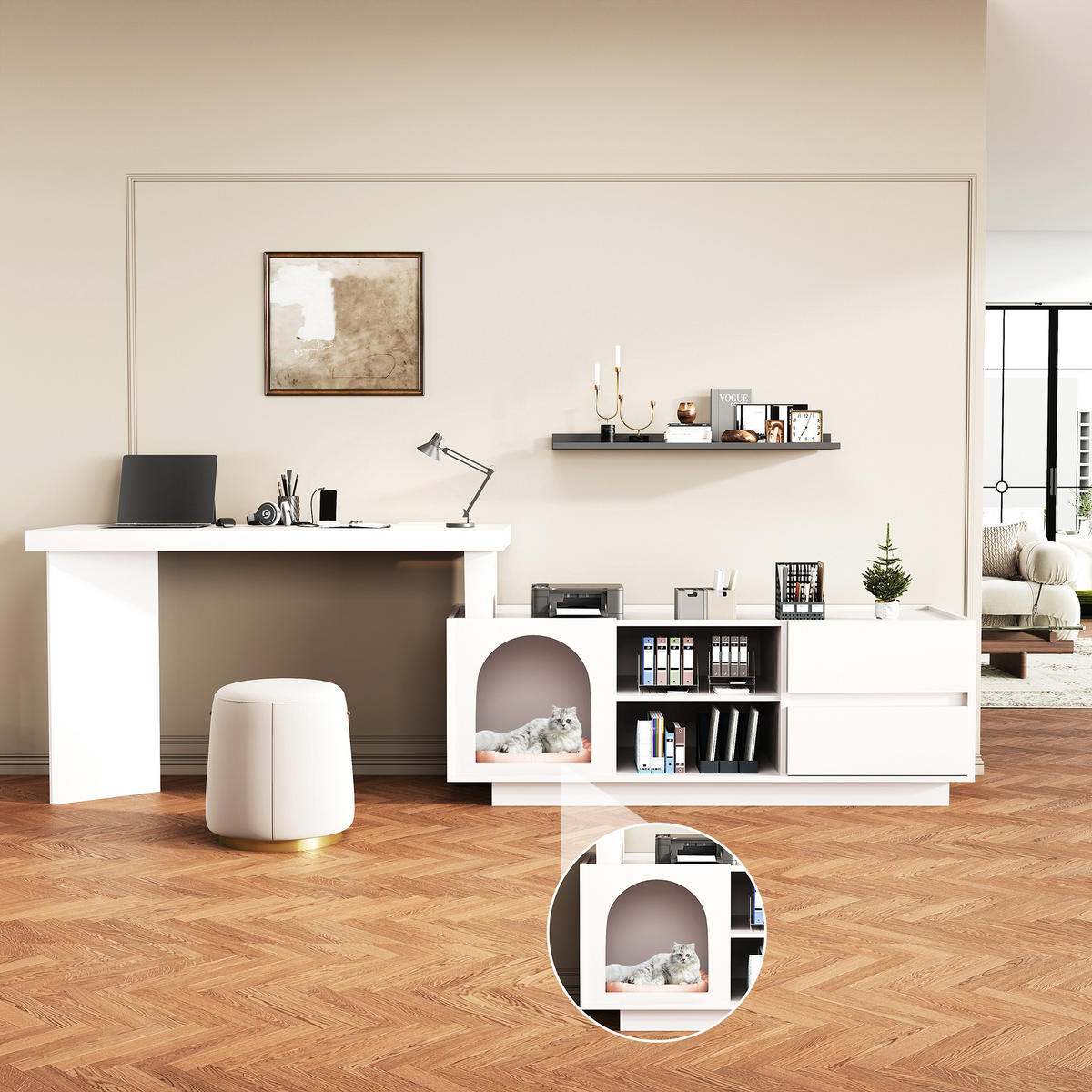 BÜROTISCH mit Stauraum und integriertem Haustierbereich – Weiß - Weiß, Holzwerkstoff/Metall (120/120/75cm) - Urban Meuble