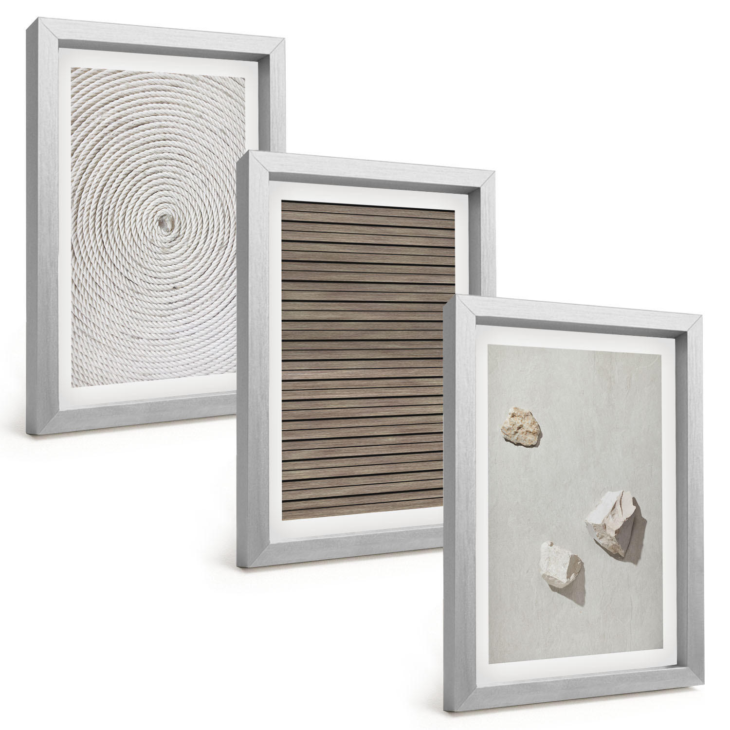BILDER SET 3er Set - 20x30 cm Silberner Rahmen - Natürliche Texturen Holz Stein - Silberfarben, Kunststoff (20/30cm) - TULUP