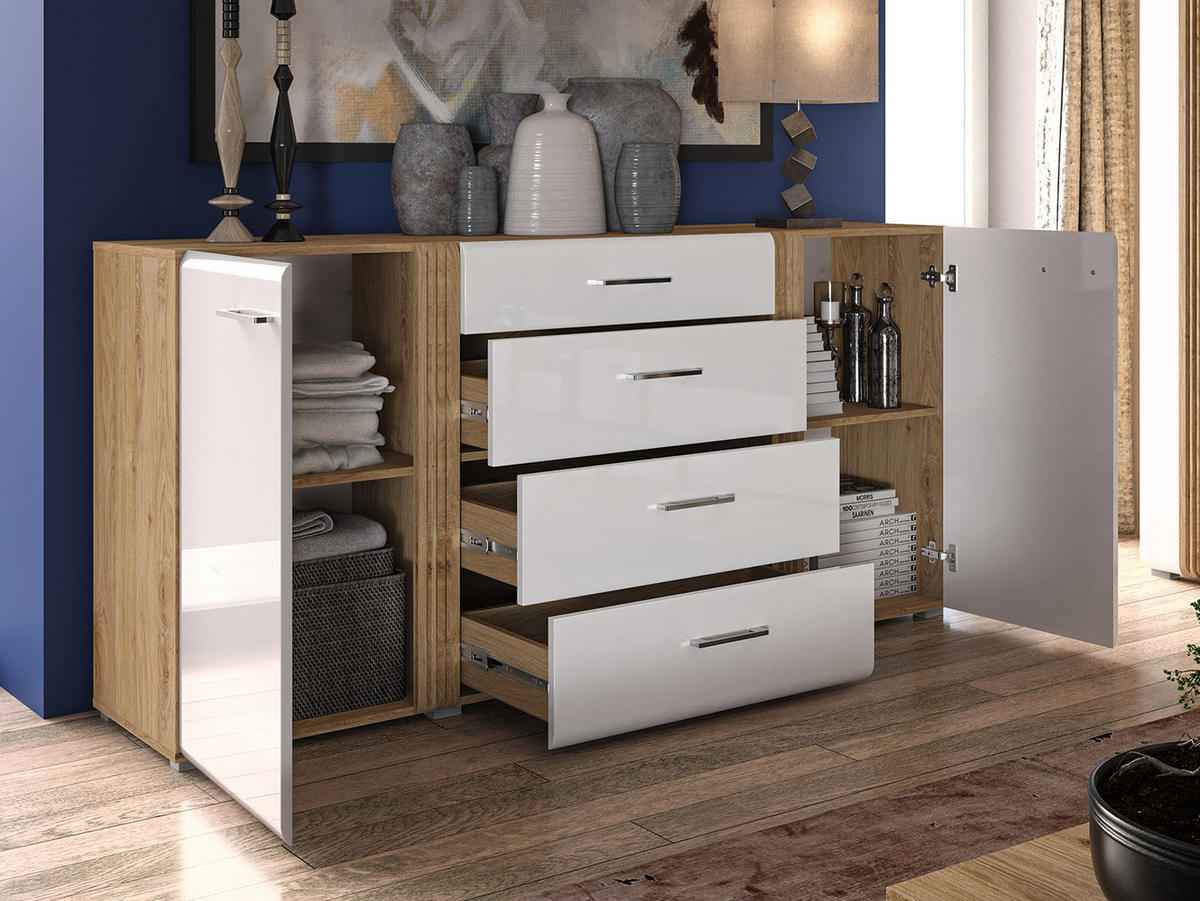 SIDEBOARD Adagio weiß Hochglanz / Eiche castello 190 / 42 / 90cm - Weiß Hochglanz/Weiß, Holz/Holzwerkstoff (190/90/42cm) - Feldmann-Wohnen