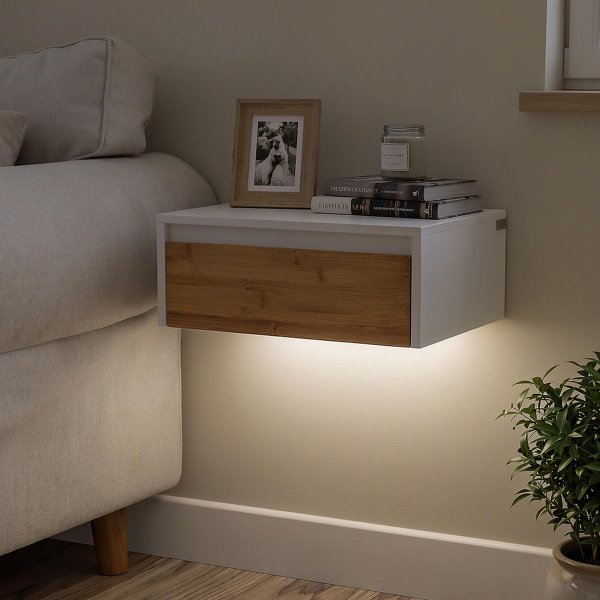 NACHTTISCH mit Schublade und LED-Licht FBT174-E-WN - Weiß, Holzwerkstoff (40/11/30cm) - SoBuy