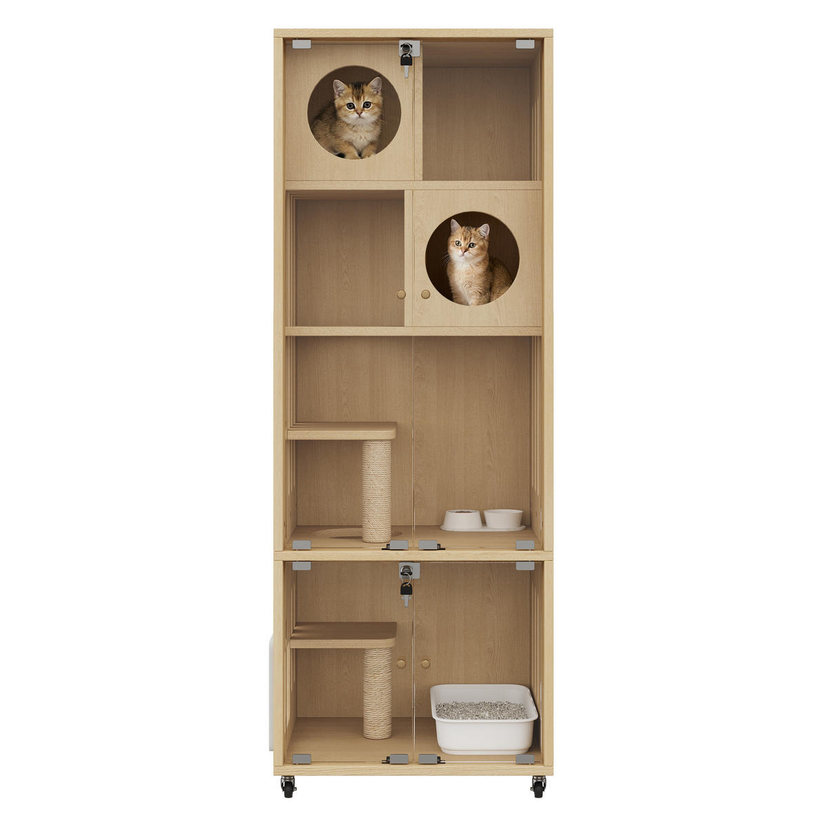 VITRINE Naturfarben 60×50×156 cm aus MDF und Glas mit abschließbarer Glastür, Klappe und Feststellrollen - Naturfarben, Holzwerkstoff (60/156/50cm) - Luhomfu